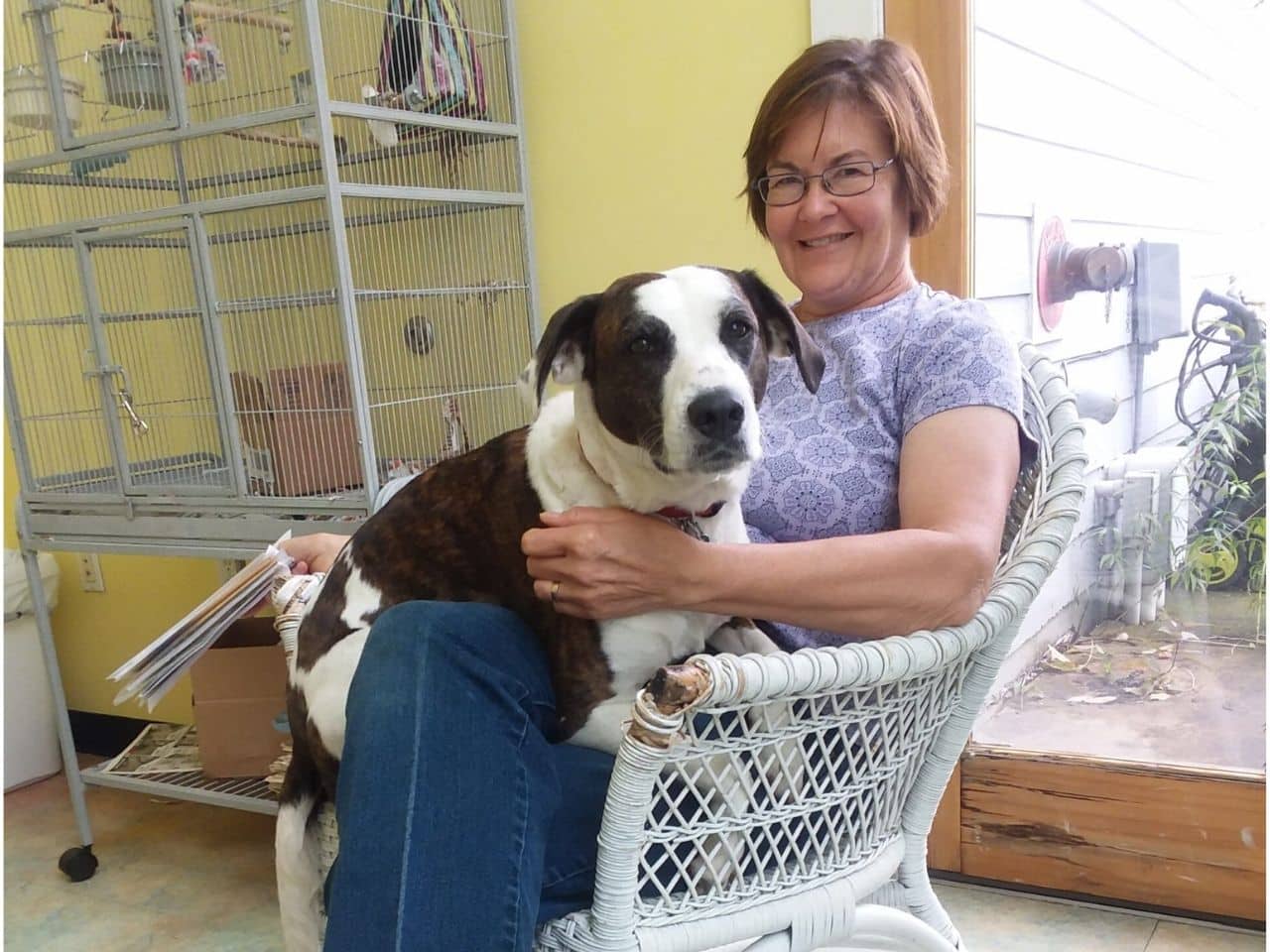 A woman seated in a chair with a dog